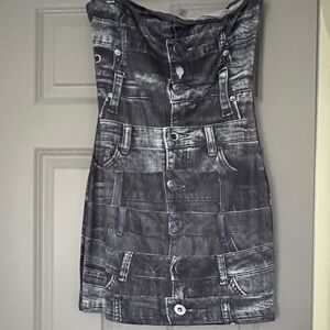 Strapless Grey Denim-Print Bodycon Dress